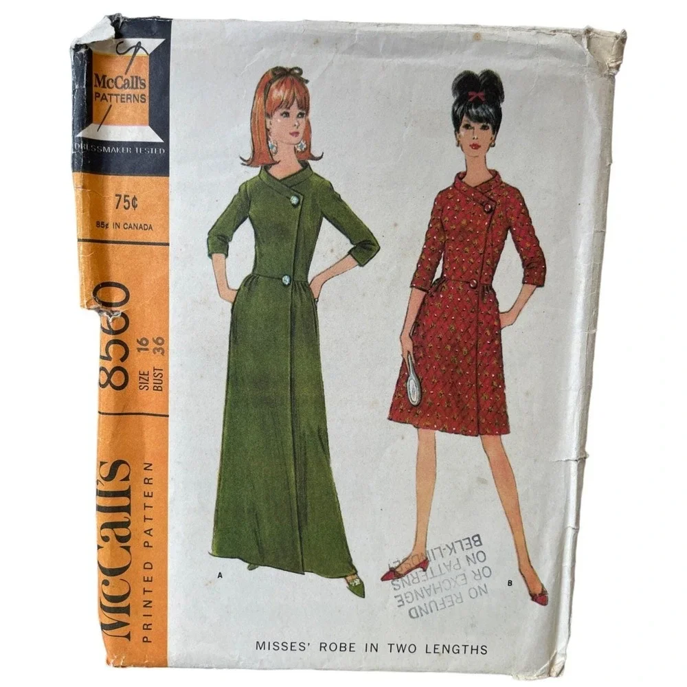 McCalls Sewing Pattern 8560 Robe Short Long Misses‎ Size 16 Vintage UNCUT